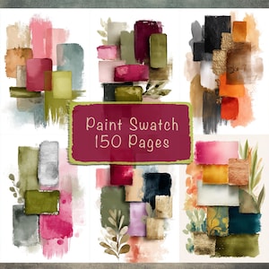 May include: A selection of watercolour paint swatches in shades of pink, green, and brown. The image includes a rectangular sign with the text "Paint Swatch 150 Pages". The swatches are arranged in a grid-like pattern, showcasing a range of colours.