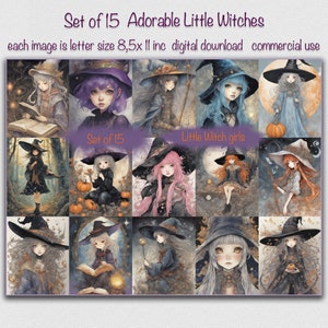 15 Little Girl Witches digital pappers bundle, ready for print, cards, wall art, scrapbooks, junk journals,  book covers Commercial use!