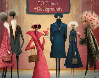 Whimsical People Characters 50 Clipart PNG + 20 Backgrounds - DIY Cards, Junk Journal kit, Scrapbooking Supplies, Commercial use!