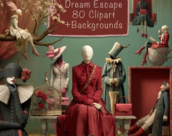 Dream Escape Characters,  80 Clipart Bundle + 20 Backgrounds, For Cards, Junk Journal, Scrapbook, Collage, Commercial use!