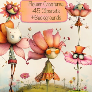 Personnages floraux originaux 45 PNG + 15 arrière-plans, bricolage, cartes, kit de journal indésirable, fournitures de scrapbooking, usage commercial !