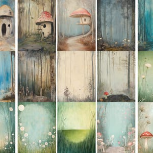 K&ouml;nnte beinhalten: Eine digitale Collage aus 12 Bildern mit fantasievollen Pilzh&auml;usern und Waldszenen. Die Bilder sind in sanften, gedeckten T&ouml;nen von Blau, Gr&uuml;n und Braun gemalt. Einige Bilder zeigen ein einzelnes Pilzhaus, w&auml;hrend andere einen Waldweg oder einen Bach darstellen.