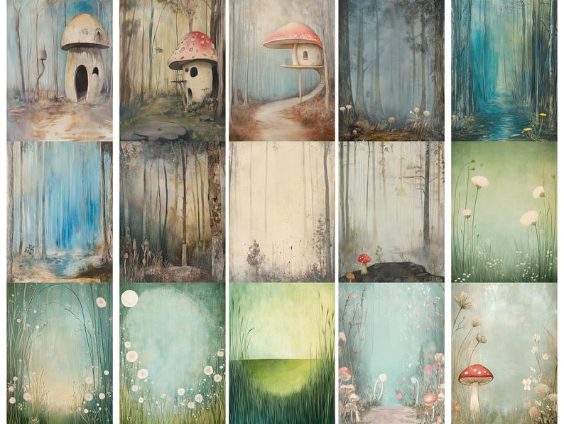 K&ouml;nnte beinhalten: Eine digitale Collage aus 12 Bildern mit fantasievollen Pilzh&auml;usern und Waldszenen. Die Bilder sind in sanften, gedeckten T&ouml;nen von Blau, Gr&uuml;n und Braun gemalt. Einige Bilder zeigen ein einzelnes Pilzhaus, w&auml;hrend andere einen Waldweg oder einen Bach darstellen.