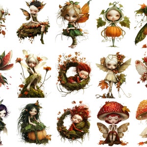 May include: A collection of 15 whimsical fairy illustrations featuring fairies with wings, flowers, and autumnal elements. The fairies are depicted in various poses, some with wings spread, some with arms crossed, and some with hands on their hips. The illustrations are done in a colorful style with a variety of colors, including pink, blue, green, yellow, and orange.