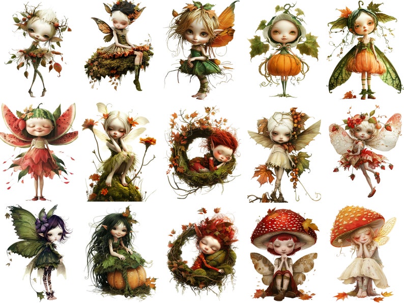 May include: A collection of 15 whimsical fairy illustrations featuring fairies with wings, flowers, and autumnal elements. The fairies are depicted in various poses, some with wings spread, some with arms crossed, and some with hands on their hips. The illustrations are done in a colorful style with a variety of colors, including pink, blue, green, yellow, and orange.