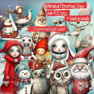 100 PNG-clipart van grillige kerstpersonages + bonusachtergrond - voor junk Journal, collage, kaarten, scrapbooking, commercieel gebruik.