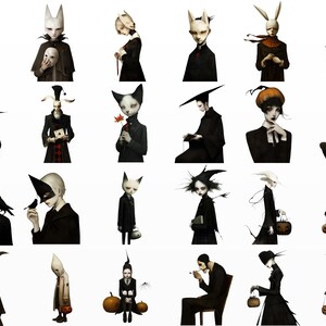 May include: A collection of surreal illustrations featuring figures with animal-like masks and dark attire. Some hold objects like pumpkins, masks, and books. The artwork has a gothic, Halloween-themed aesthetic with a limited color palette of black, white, and muted tones.