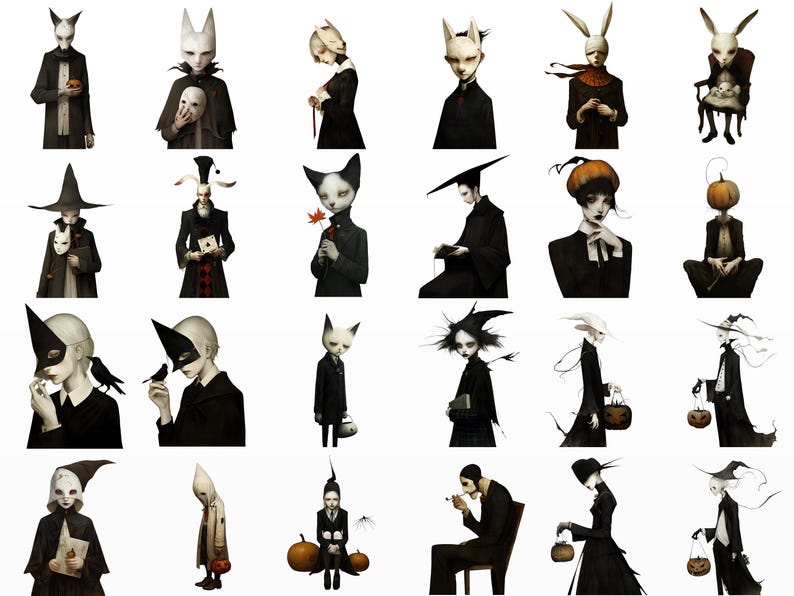 May include: A collection of surreal illustrations featuring figures with animal-like masks and dark attire. Some hold objects like pumpkins, masks, and books. The artwork has a gothic, Halloween-themed aesthetic with a limited color palette of black, white, and muted tones.