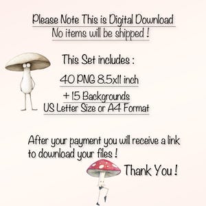K&ouml;nnte beinhalten: Digitaler Download von 40 Pilzillustrationen im PNG-Format, jede mit einer Gr&ouml;&szlig;e von 8,5 Zoll mal 11 Zoll. Das Set enth&auml;lt au&szlig;erdem 15 Hintergr&uuml;nde im Format A4 oder US Letter. Das Bild zeigt zwei Cartoon-Pilze mit Gesichtern.