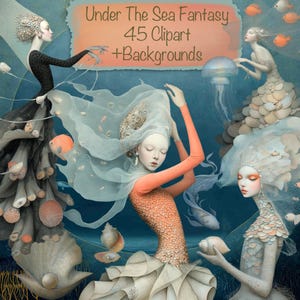 Personnages fantastiques sous-marins 45 PNG + 15 arrière-plans, bricolage, cartes, kit de journal indésirable, fournitures de scrapbooking, usage commercial !