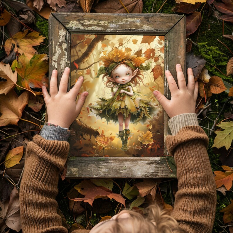 May include: A framed illustration of a fairy with green wings and a dress made of leaves. The fairy is standing in a forest setting with a background of trees and foliage.