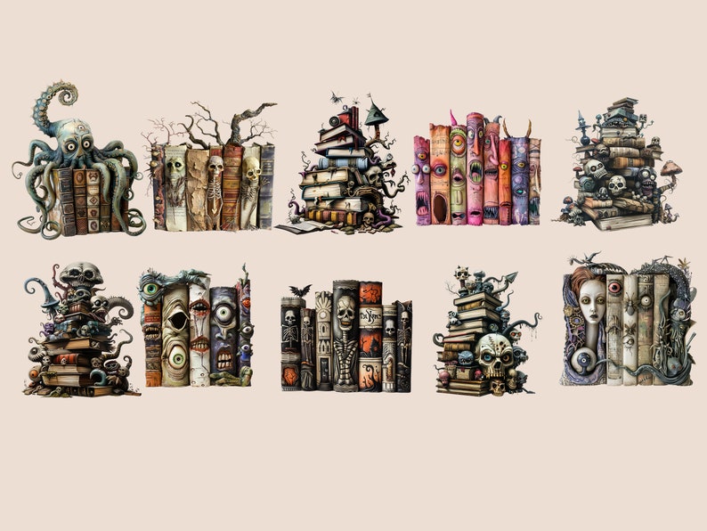 May include: A collection of ten stacks of books, each featuring different spooky and creepy illustrations and designs. The stacks include skulls, eyes, tentacles, and other eerie imagery.