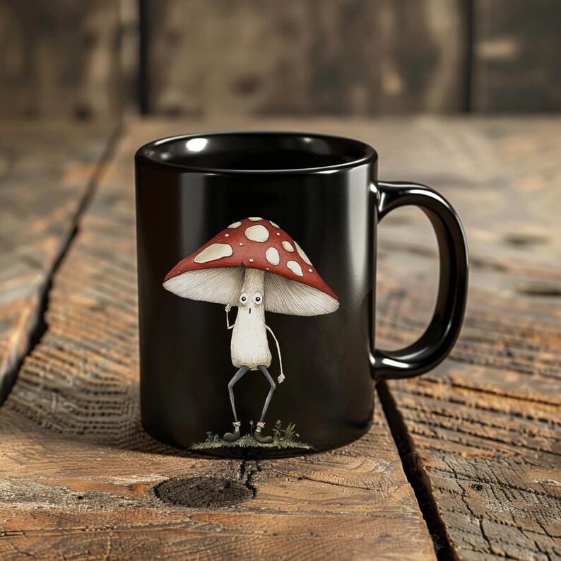 K&ouml;nnte beinhalten: Schwarze Keramik-Kaffeetasse mit einer wei&szlig;en Pilzfigur, die einen roten und wei&szlig;en Pilzhut tr&auml;gt. Die Pilzfigur hat einen &uuml;berraschten Ausdruck.