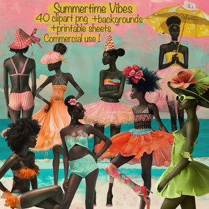Set di 40 clipart + sfondi di donne nere con atmosfere estive, PNG, cartoline, diario spazzatura, album, collage, fogli stampabili, uso commerciale!