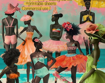 Summertime vibes set of 40 black woman PNG clipart + backgrounds, Cards, Junk Journal, scrapbook, collage, printable sheets, Commercial use!