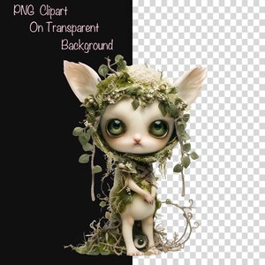 May include: A white, furry creature with large green eyes and a crown of leaves and flowers. The creature is wearing a green and white leafy cloak and is standing on a bed of moss and twigs.