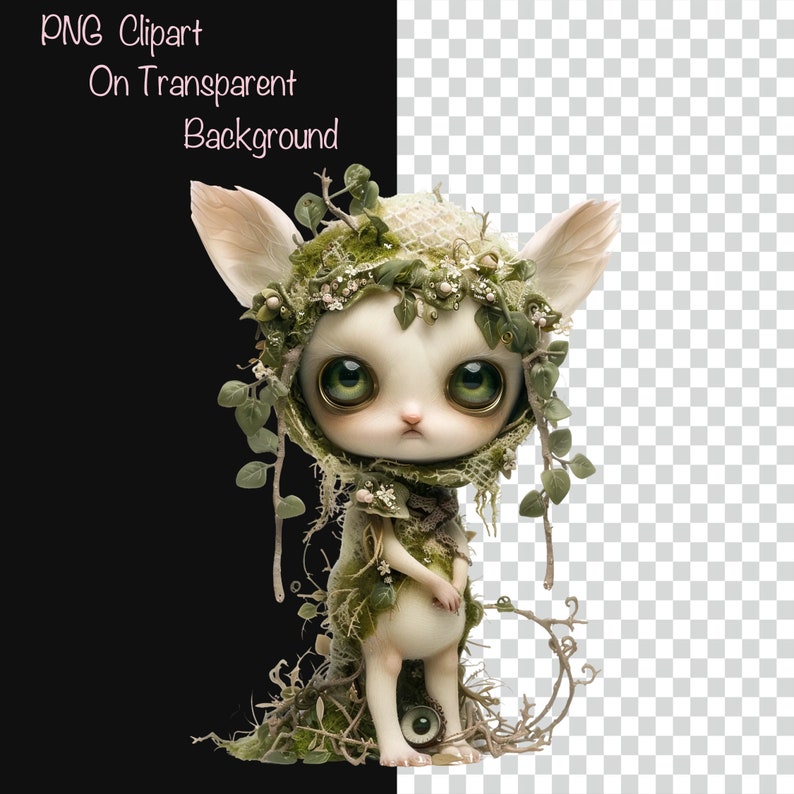 May include: A white, furry creature with large green eyes and a crown of leaves and flowers. The creature is wearing a green and white leafy cloak and is standing on a bed of moss and twigs.