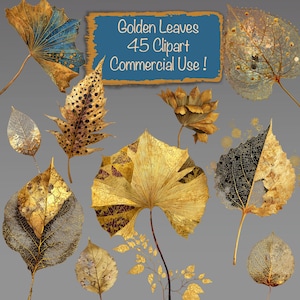 Puede incluir: Variedad de hojas doradas con texturas y patrones detallados. Algunas hojas tienen detalles azules, mientras que otras presentan un diseño moteado. Un rectángulo azul con el texto "Golden Leaves 45 Clipart Commercial Use !" está en la imagen.