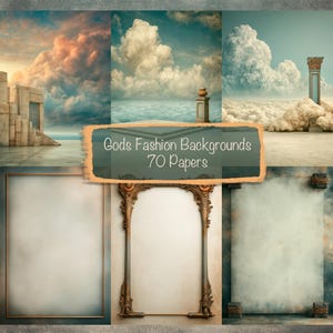 May include: A digital collection of 70 background papers titled Gods Fashion Backgrounds. The image displays a grid of six distinct designs featuring cloudy skies, stone architectural elements, ornate metallic frames, and textured surfaces.