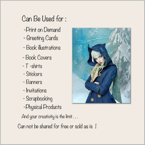 Puede incluir: Una ilustraci&oacute;n digital de una mujer con un abrigo azul con capucha y una bufanda blanca de pie en una escena de invierno nevada. El texto "Can Be Used for:" se enumera con una variedad de usos para la imagen, que incluyen impresi&oacute;n bajo demanda, tarjetas de felicitaci&oacute;n, ilustraciones de libros, portadas de libros, camisetas, pegatinas, pancartas, invitaciones, scrapbooking y productos f&iacute;sicos. El texto "And your creativity is the limit... Can not be shared for free or sold as is!" tambi&eacute;n est&aacute; incluido.