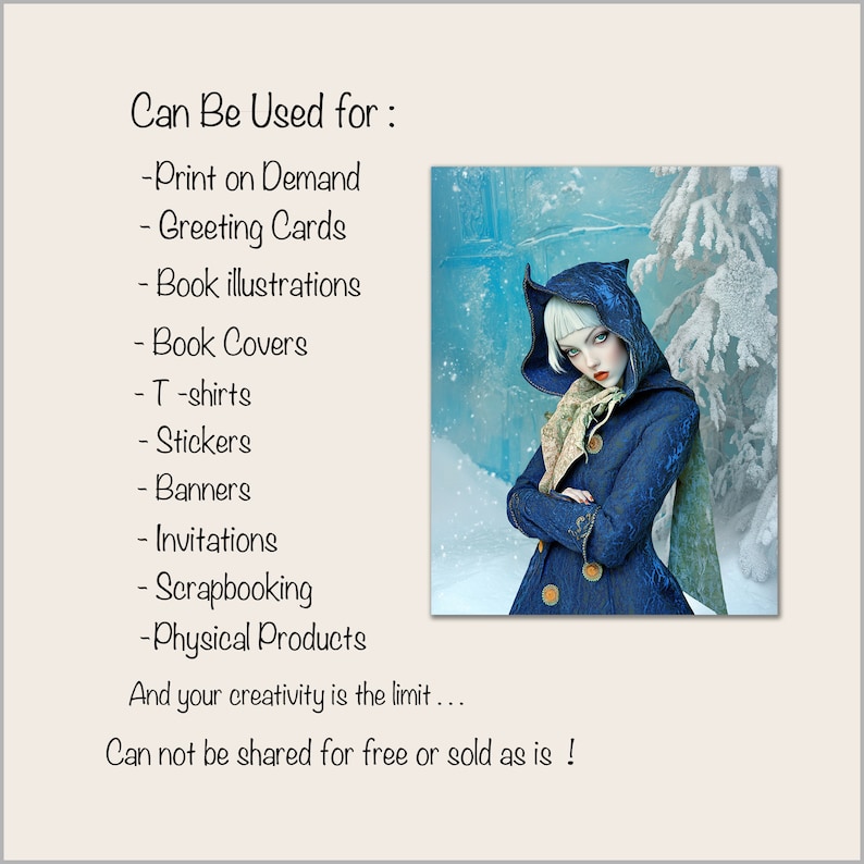 Puede incluir: Una ilustraci&oacute;n digital de una mujer con un abrigo azul con capucha y una bufanda blanca de pie en una escena de invierno nevada. El texto "Can Be Used for:" se enumera con una variedad de usos para la imagen, que incluyen impresi&oacute;n bajo demanda, tarjetas de felicitaci&oacute;n, ilustraciones de libros, portadas de libros, camisetas, pegatinas, pancartas, invitaciones, scrapbooking y productos f&iacute;sicos. El texto "And your creativity is the limit... Can not be shared for free or sold as is!" tambi&eacute;n est&aacute; incluido.