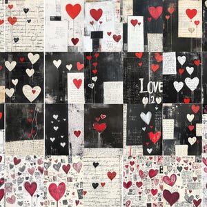 May include: A collage of black and white backgrounds with red and white hearts. The hearts are in various sizes and shapes, some with strings attached. The word "LOVE" is written in black letters on a white background with a red heart.