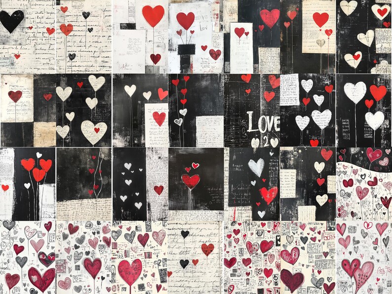 May include: A collage of black and white backgrounds with red and white hearts. The hearts are in various sizes and shapes, some with strings attached. The word "LOVE" is written in black letters on a white background with a red heart.