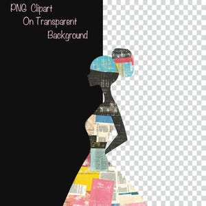 May include: A silhouette of a person wearing a dress made of colorful patterned paper. The dress is a mix of blues, pinks, yellows, and reds. The person's hair is styled in a bun and is also made of patterned paper.