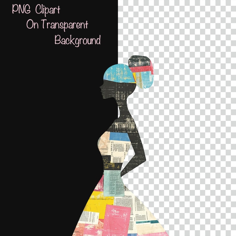 May include: A silhouette of a person wearing a dress made of colorful patterned paper. The dress is a mix of blues, pinks, yellows, and reds. The person's hair is styled in a bun and is also made of patterned paper.