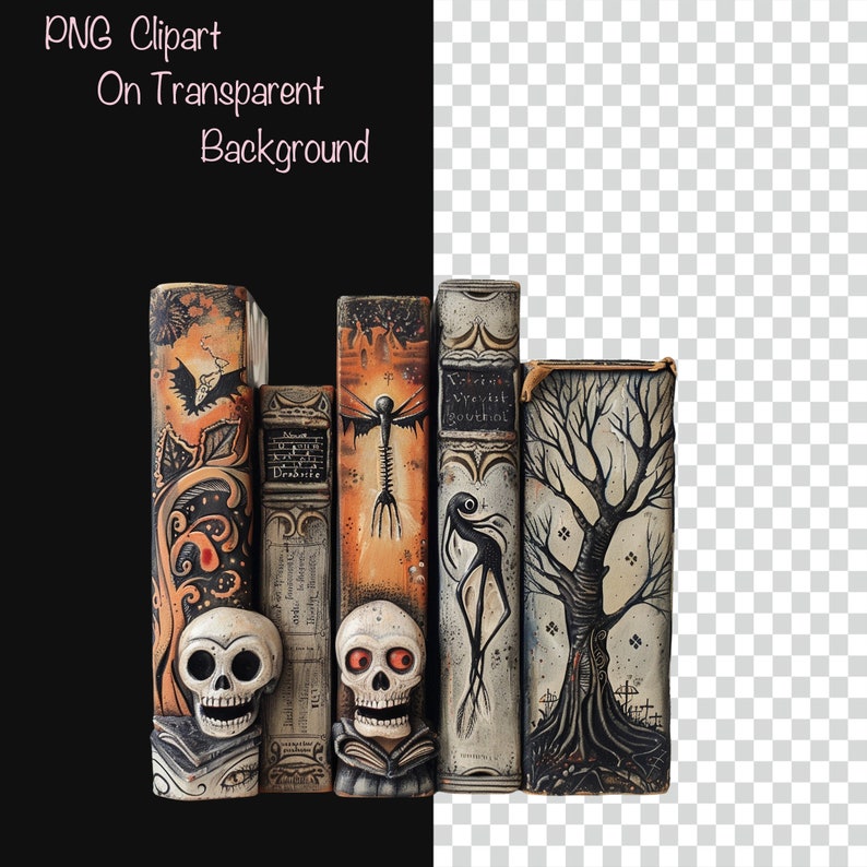May include: A set of five decorative books with spooky Halloween-themed illustrations. The books are painted in shades of black, white, orange, and brown. The covers feature a bat, a skeletal hand, a skeletal figure, a tree, and a skull.