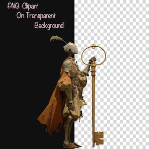May include: A detailed illustration of a skeleton in medieval armor holding a large golden key. The skeleton wears a helmet with a feather and a flowing orange cape. The text "PNG Clipart On Transparent Background" is in the upper left.
