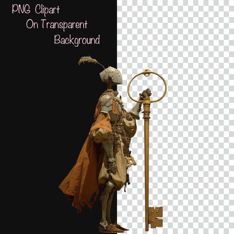 May include: A detailed illustration of a skeleton in medieval armor holding a large golden key. The skeleton wears a helmet with a feather and a flowing orange cape. The text "PNG Clipart On Transparent Background" is in the upper left.