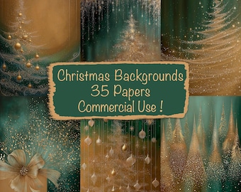 May include: A collection of Christmas-themed digital papers in shades of gold and teal. The image features various designs, including abstract Christmas trees, ornaments, and a gift box with a bow. Text on the image reads "Christmas Backgrounds 35 Papers Commercial Use!"