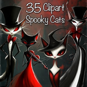 35 Whimsical Spooky Cats Clipart PNG +16 Backgrounds, For Card making, Junk Journal, scrapbook, book, collage, commercial use!