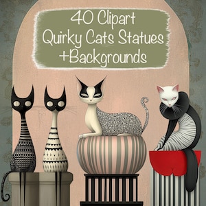 Lot de 40 cliparts statues de chats fantaisistes PNG + 15 arrière-plans, fabrication de cartes DIY, kit de journal indésirable, fournitures de scrapbooking, usage commercial !
