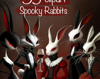 35 Whimsical Spooky Rabbits Clipart PNG +16 Backgrounds, For Card making, Junk Journal, scrapbook, book, collage, commercial use!