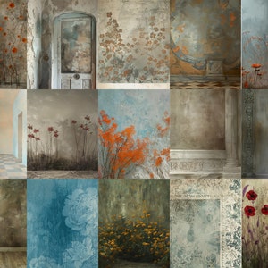 May include: A collage of 18 digital backgrounds featuring various textures and patterns. The backgrounds include floral designs, distressed walls, and architectural elements. The colors are muted and earthy, with shades of blue, green, brown, and orange.