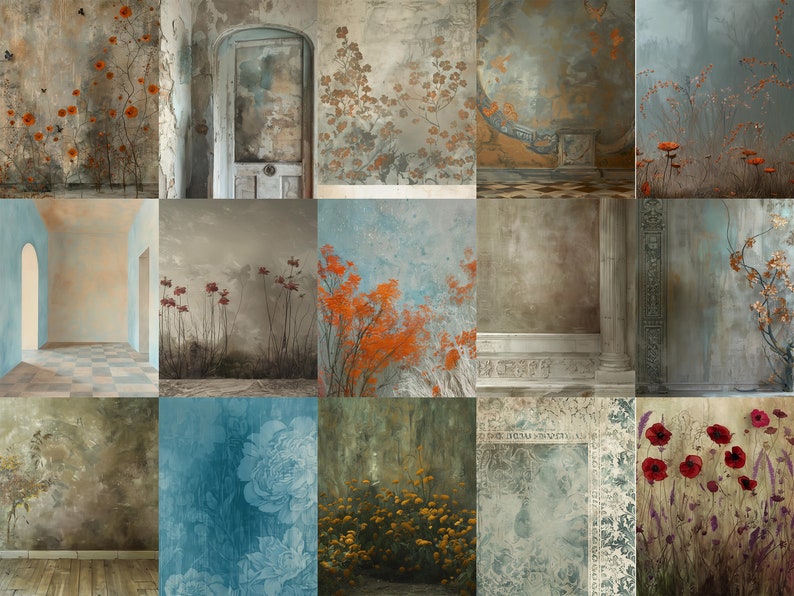 May include: A collage of 18 digital backgrounds featuring various textures and patterns. The backgrounds include floral designs, distressed walls, and architectural elements. The colors are muted and earthy, with shades of blue, green, brown, and orange.