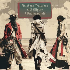 Puede incluir: Ilustración digital de tres figuras con atuendo postapocalíptico. Una figura lleva un abrigo rojo, gafas y una bufanda. Las otras dos figuras llevan abrigos con estampado de periódico. El texto dice "Nowhere Travelers 60 Clipart + Backgrounds."