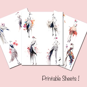 Pu&ograve; includere: Fogli stampabili con illustrazioni ad acquerello di donne in eleganti abiti con caratteristiche simili a quelle degli uccelli. I disegni sono in tonalit&agrave; di rosa, blu e bianco, con schizzi di colore.