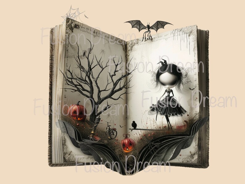 Pu&ograve; includere: Un libro aperto con una scena di Halloween inquietante. Un'illustrazione in bianco e nero di una ragazza con un vestito nero e un cappello da strega si trova su un ramo. Un albero spoglio con una zucca intagliata alla sua base si trova sulla pagina sinistra. Pipistrelli e ragnatele sono sparsi in tutta l'immagine.