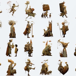 May include: A collection of whimsical illustrations featuring fantastical characters in shades of brown, beige, and gold. The characters include figures with wings, carrying luggage, and playing musical instruments, all set against a white background.