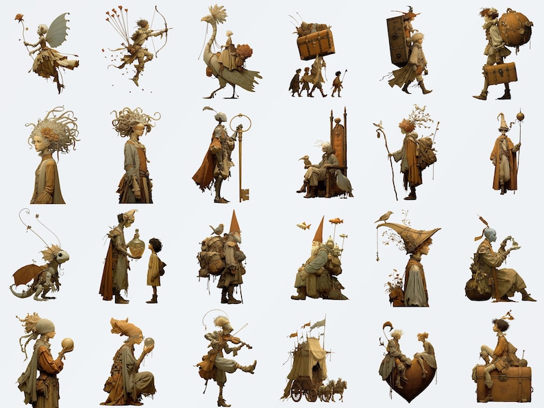 May include: A collection of whimsical illustrations featuring fantastical characters in shades of brown, beige, and gold. The characters include figures with wings, carrying luggage, and playing musical instruments, all set against a white background.
