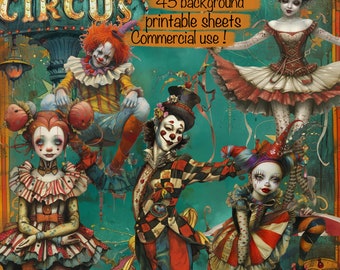 85 Unique Whimsical Circus Clipart PNG, Printable Fussy Cut, + 45 Backgrounds, Cards, Junk Journal, scrapbook, collage, Commercial use!