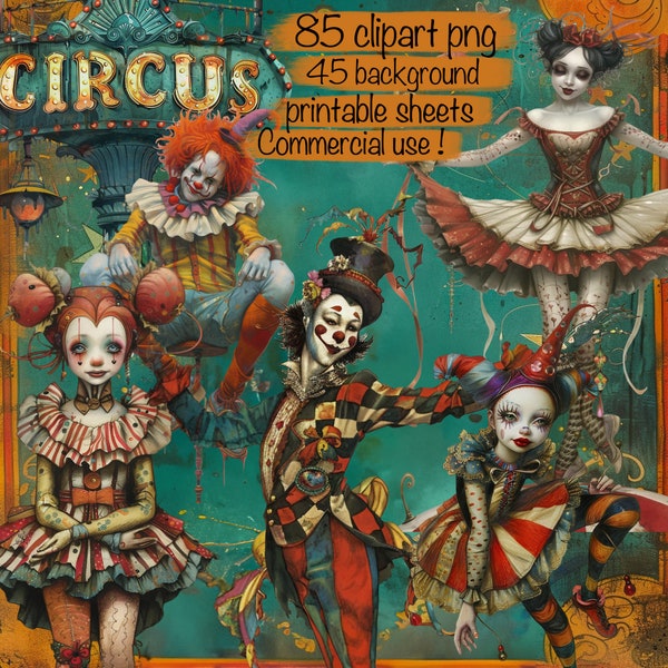 85 unieke grillige circus clipart png, afdrukbare kieskeurige cut, + 45 achtergronden, kaarten, junk journal, plakboek, collage, commercieel gebruik!
