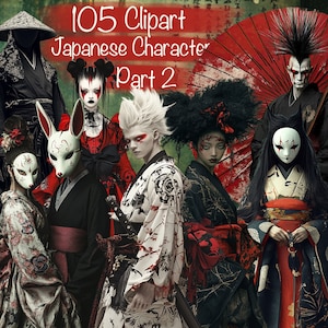 Pacchetto di 105 clipart + 35 sfondi di personaggi surrealisti giapponesi, per biglietti, diari, album, libri, collage, uso commerciale!