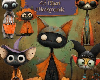 Könnte beinhalten: Eine digitale Illustration mit Cartoon-Katzen in Halloween-Kostümen. Die Katzen sind schwarz, orange und weiß, mit großen Augen und verschiedenen Outfits, darunter Hexenhüte und Fledermausflügel. Der Text lautet "Halloween Cute Cats 45 Clipart + Backgrounds."