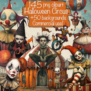 Gran paquete de 145 imágenes prediseñadas de circo de Halloween PNG únicas + 50 fondos, para tarjetas, diario basura, álbum de recortes, collage, uso comercial.