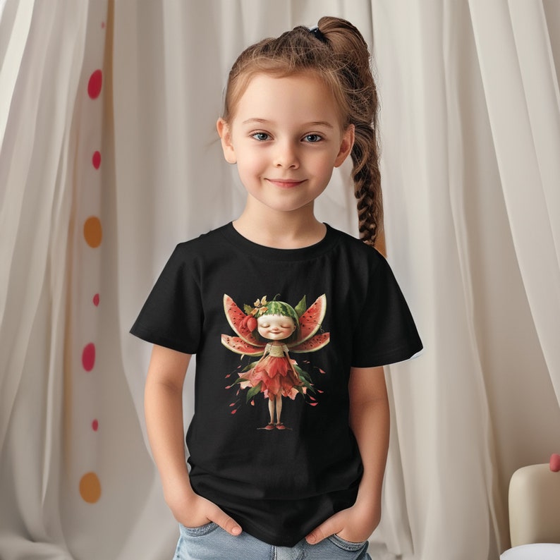 May include: A black t-shirt with a colorful illustration of a fairy made of watermelon and other fruits. The fairy has a red flower crown and a red dress.
