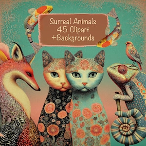 Puede incluir: Ilustración digital caprichosa de animales surrealistas. Dos gatos con diseños florales, un zorro, un camaleón, un pájaro y dos peces. La imagen incluye el texto "Surreal Animals 45 Clipart + Backgrounds" en una pancarta marrón.